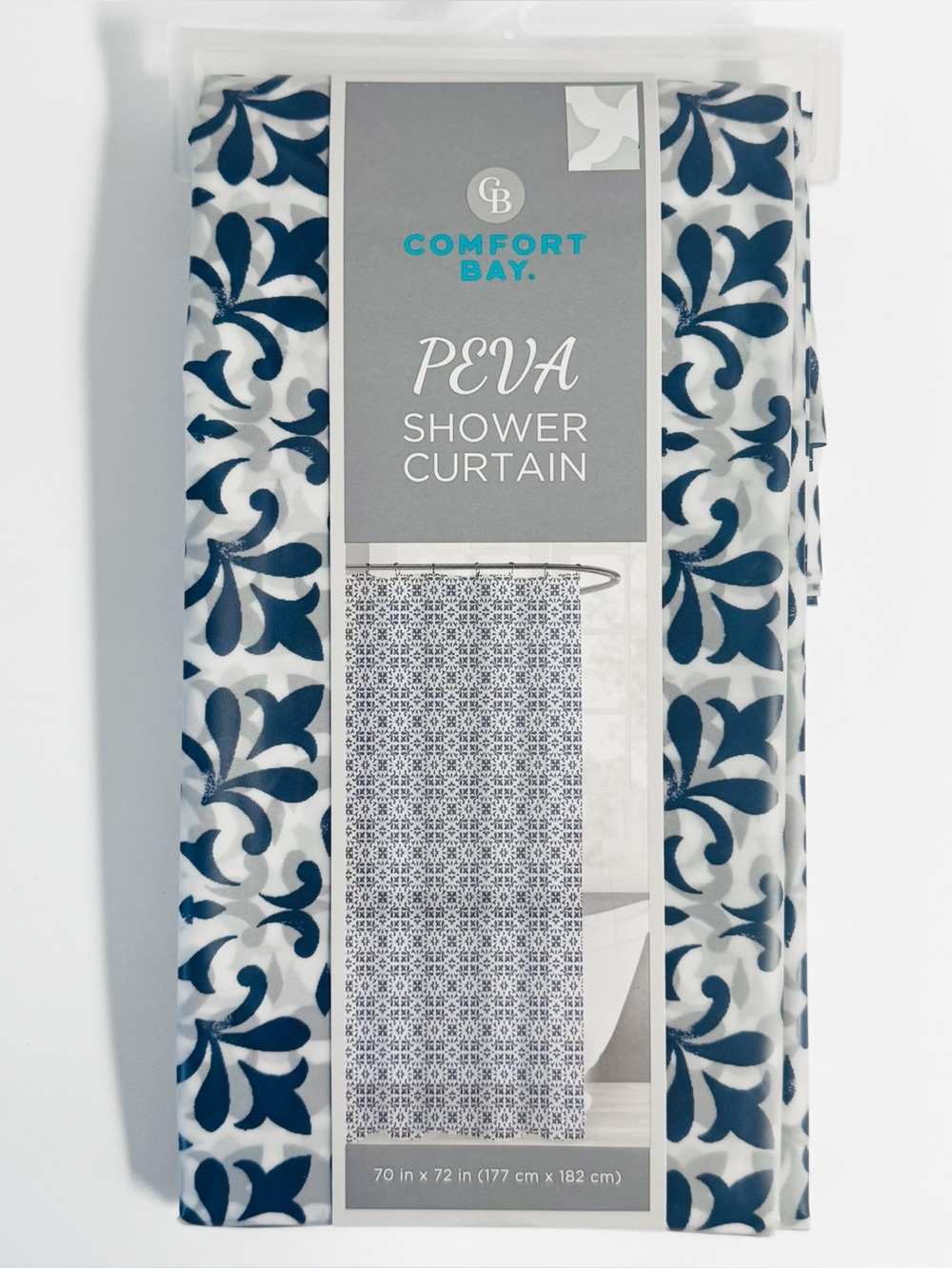 Comfort Bay Peva Shower Curtain Damask Printed Navy Blue 70x72 NWT